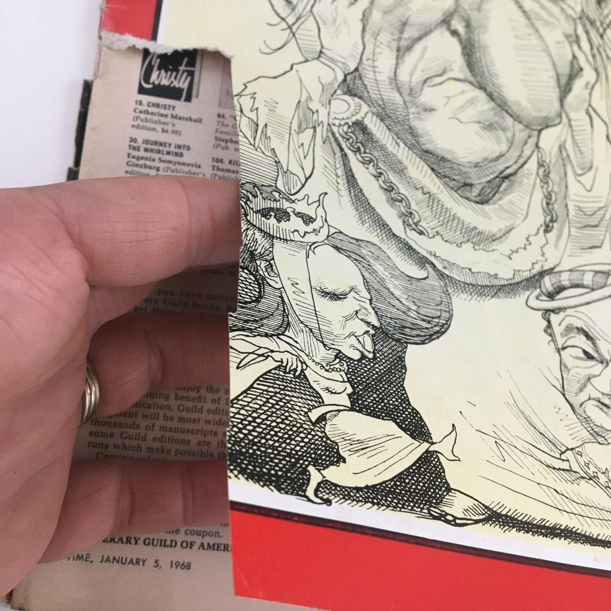 Close-up of the cover art from Time Magazine January 5, 1968, Vol. 91 No. 1, highlighting Lyndon B. Johnson as Lear and the intricate details of the illustrations.