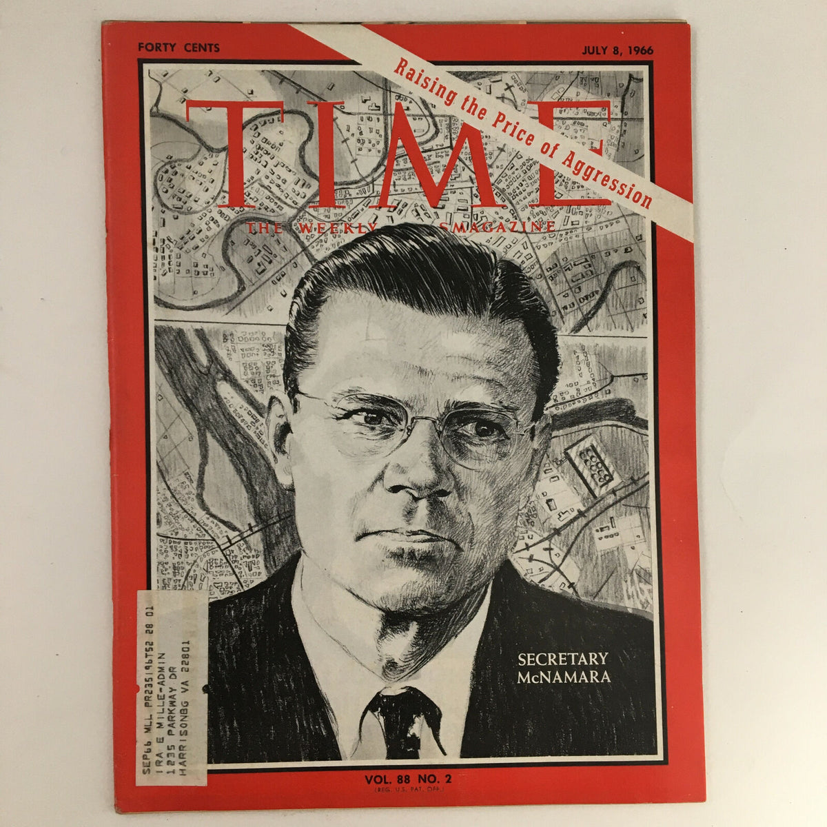 Cover of Time Magazine, July 8, 1966, Volume 88, Number 2, featuring Secretary Robert McNamara and the headline 'Raising the Price of Aggression'. This vintage magazine cover illustrates McNamara's significance during the Vietnam War era.