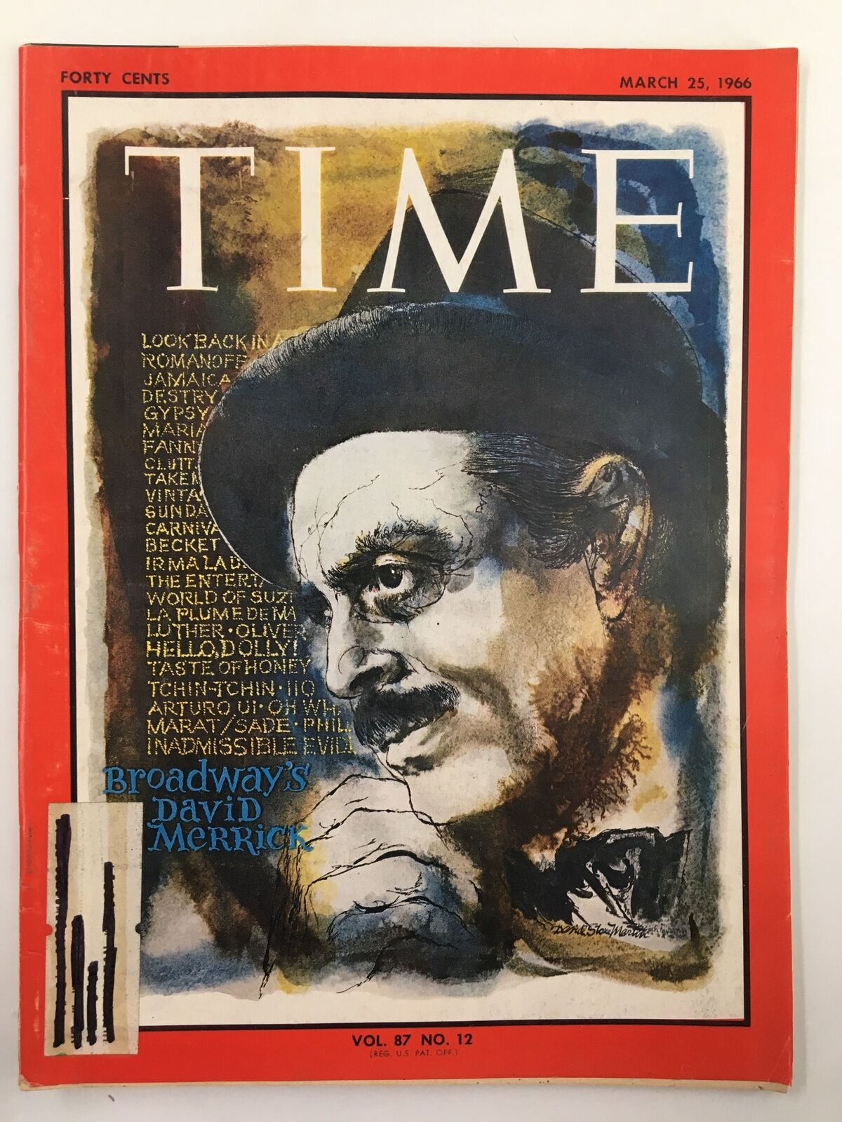 Cover of VTG Time Magazine dated March 25, 1966, Vol 87 #12 featuring Broadway's David Merrick, with an artistic portrait and vibrant colors.