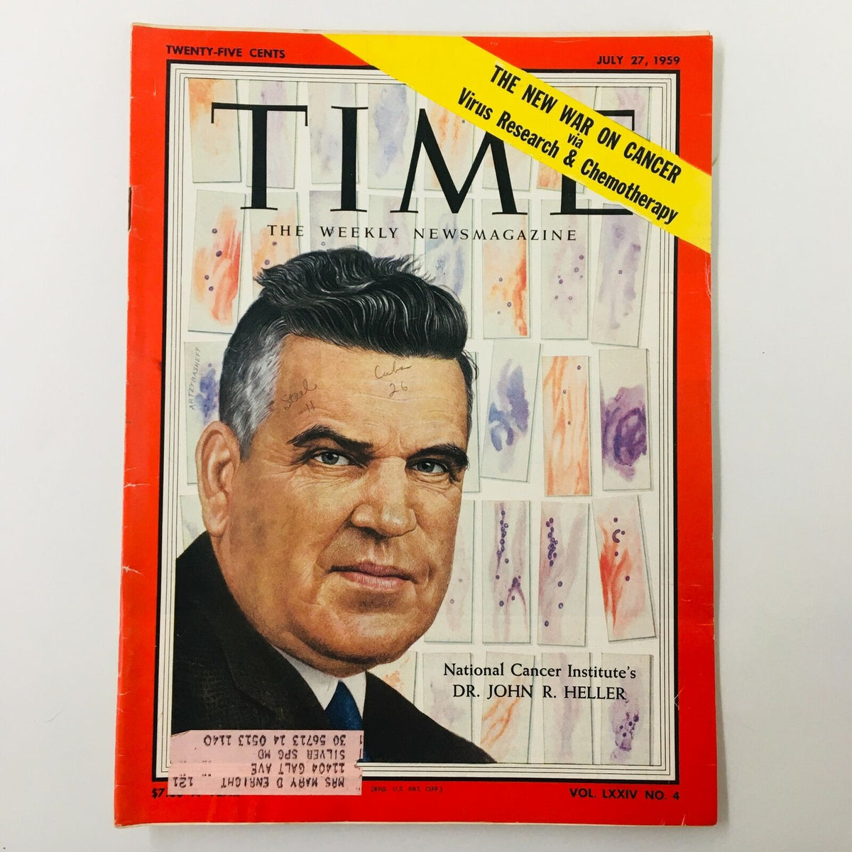 VTG Time Magazine July 27 1959 featuring a cover portrait of Dr. John R. Heller on the War on Cancer with colorful watercolor illustrations.