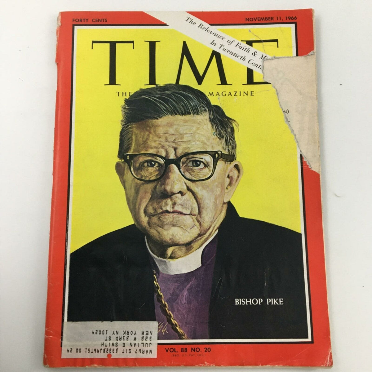 VTG Time Magazine November 11, 1966 featuring Bishop Pike on the cover, showcasing themes of faith and religion, with minor wear and an address label visible.