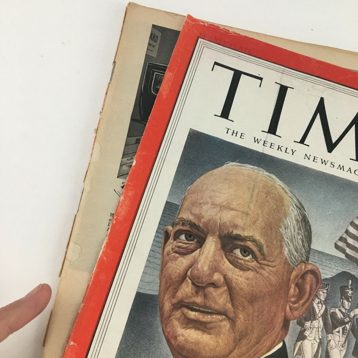 Side view of the Time Magazine from November 24, 1952, displaying the cover featuring Marine Commandant Lemuel Shepherd and signs of wear.