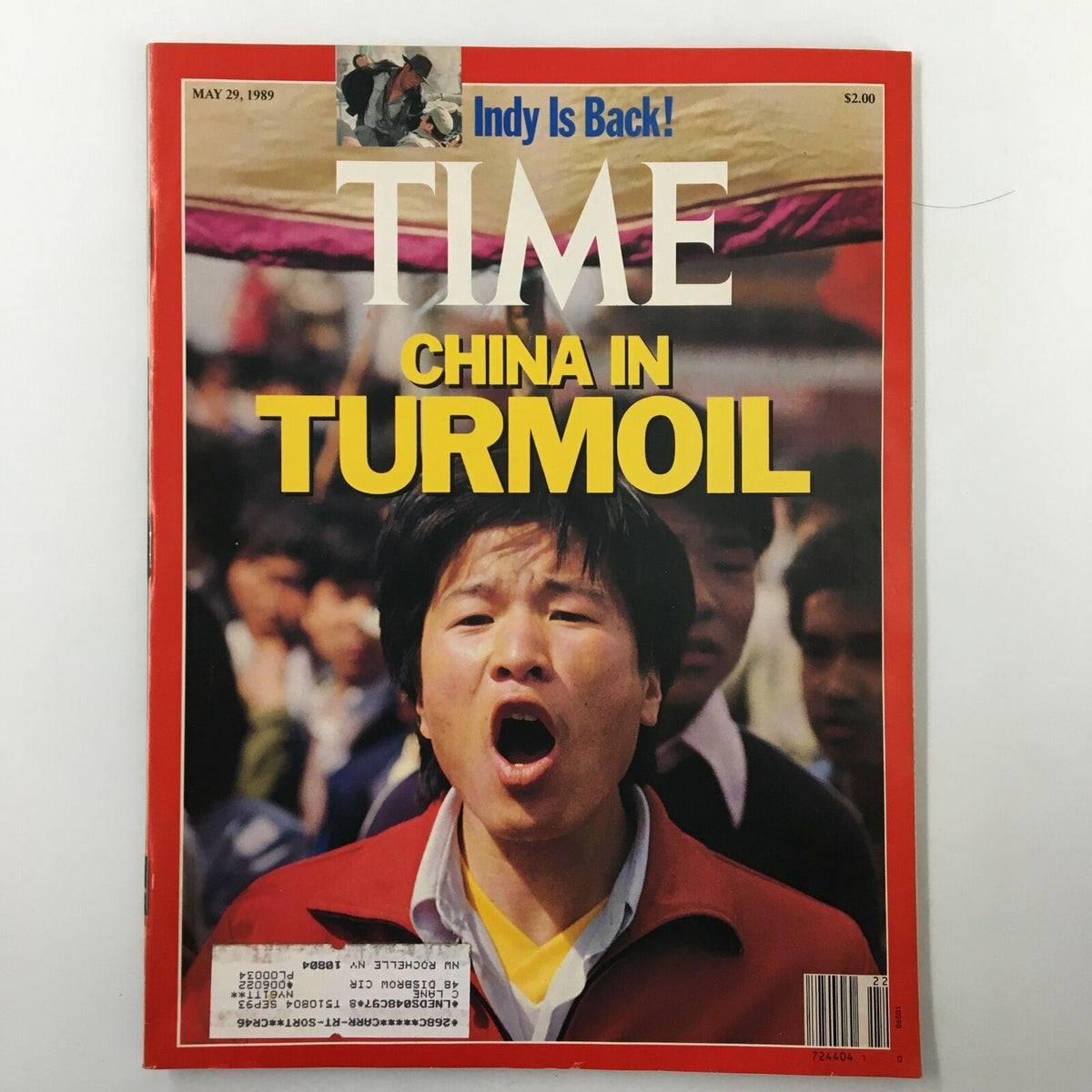 VTG Time Magazine May 29 1989 featuring the cover story 'China in Turmoil' with a focused image of a young man passionately expressing dissent, alongside the note 'Indy is Back!' highlighting the return of the Indy 500.