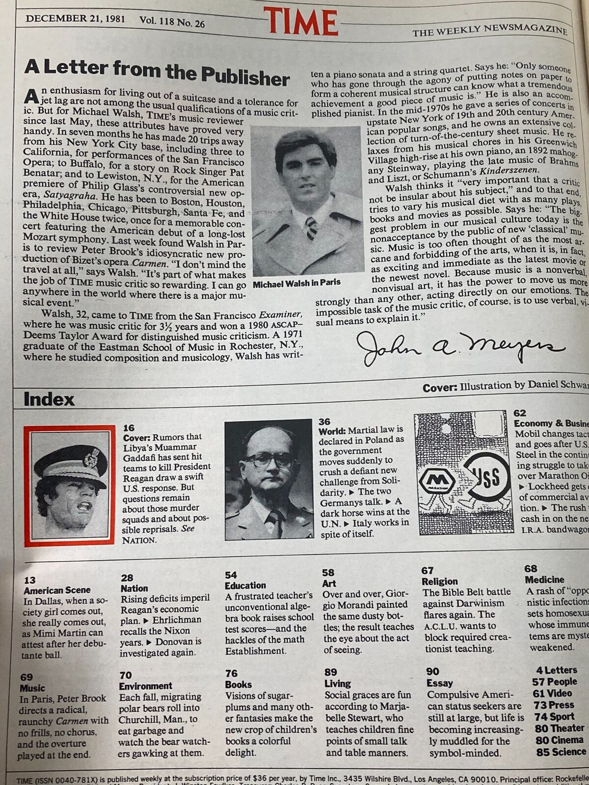 Inside page of VTG Time Magazine December 21 1981, including a letter from the publisher and an index, showcasing articles related to Libya and global politics.