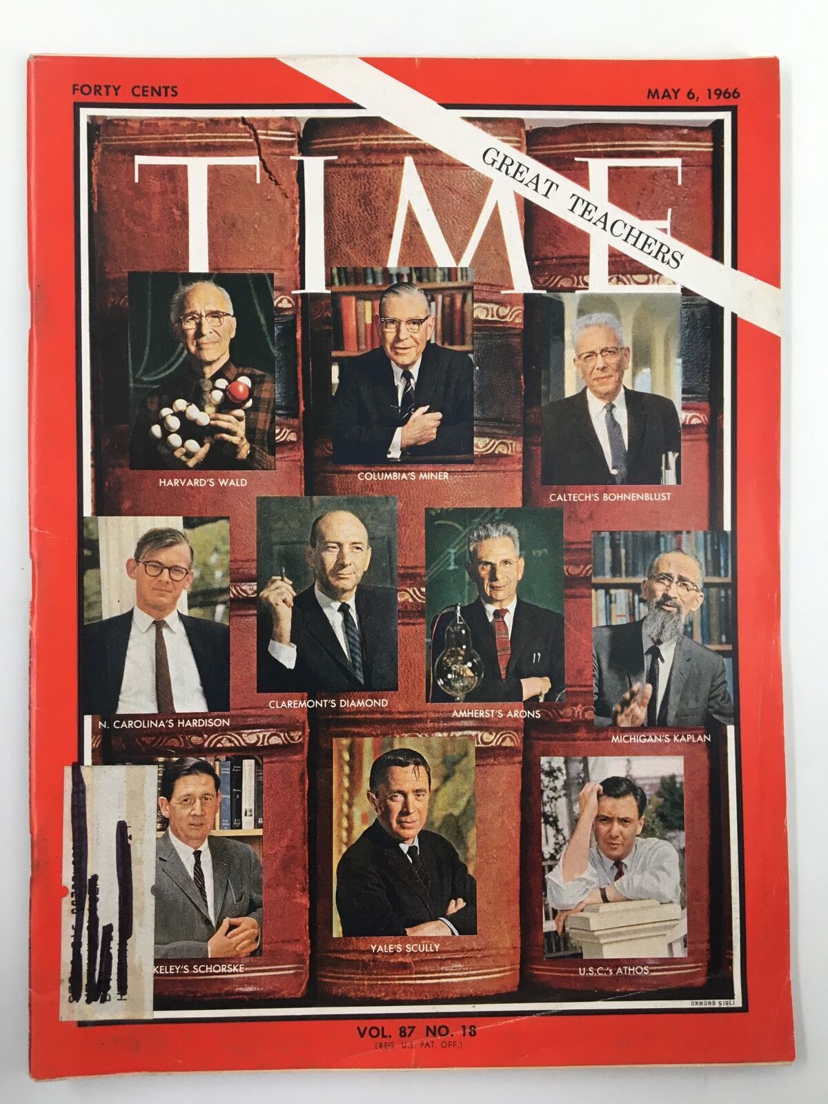 Cover of VTG Time Magazine May 6 1966, Volume 87, Issue 18, featuring prominent educators titled 'Great Teachers' with photographs of notable academic figures including Harvard's Wald, Columbia's Miner, and others.