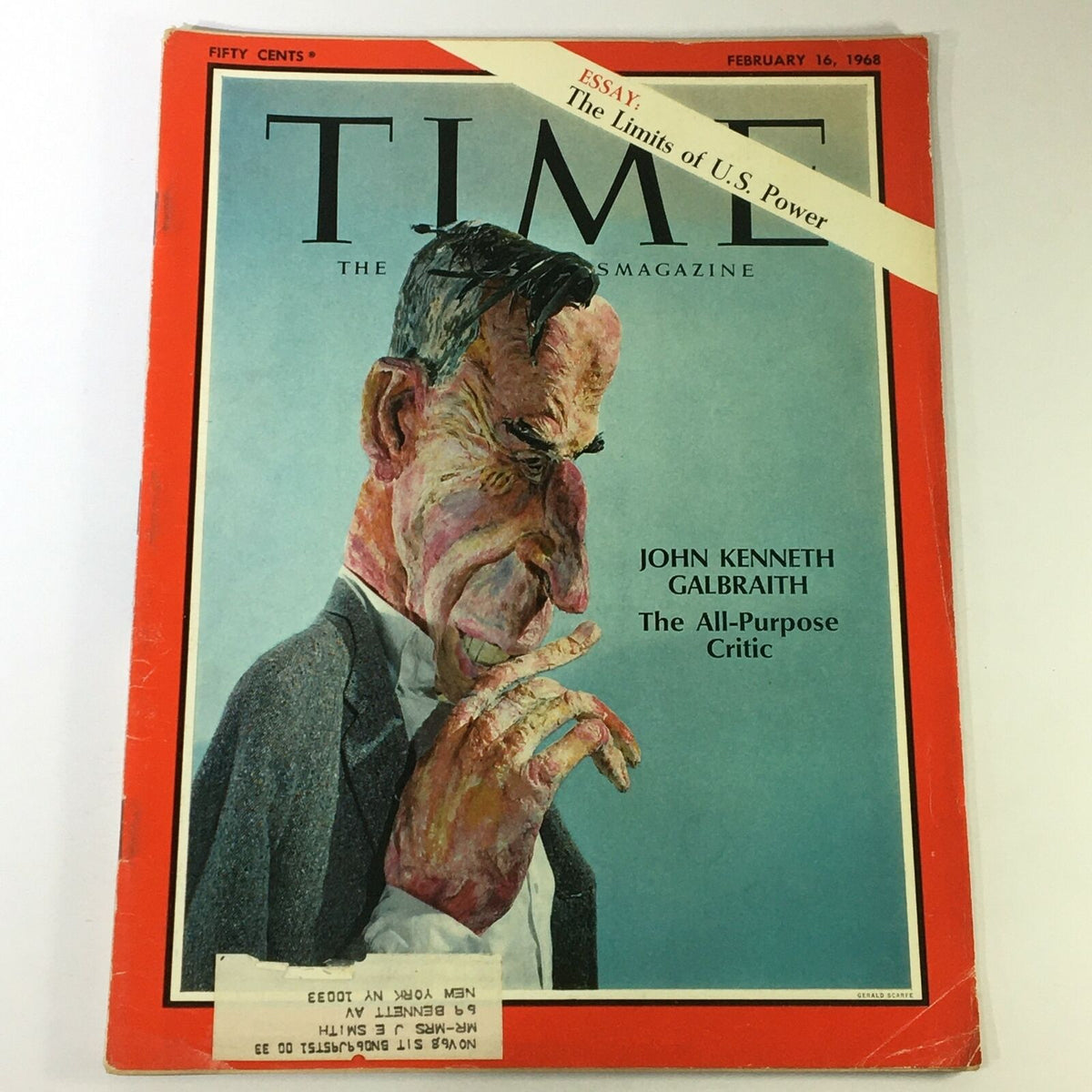 VTG Time Magazine February 16 1968 cover featuring John Kenneth Galbraith, titled 'The All-Purpose Critic', showcasing a unique artistic illustration and an address label at the bottom.