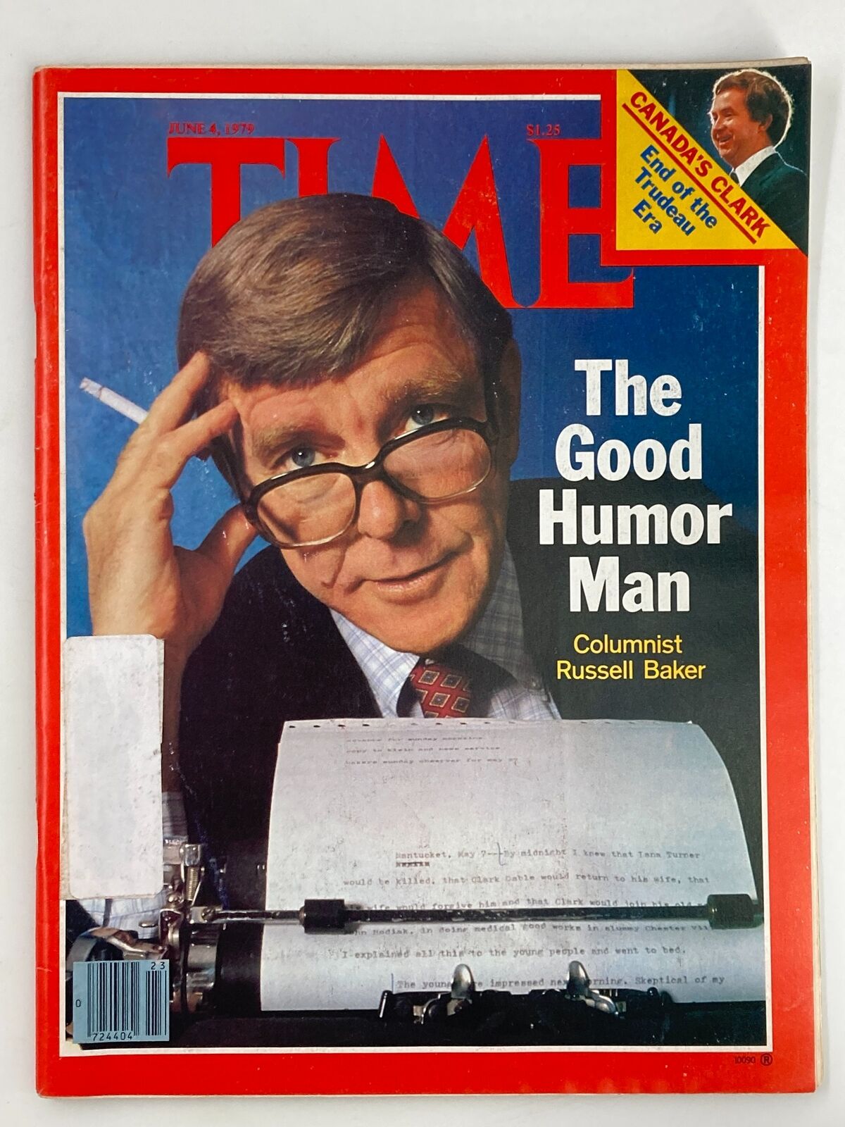 Cover of VTG Time Magazine dated June 4, 1979 featuring 'The Good Humor Man' column by Russell Baker, showcasing a portrait of Baker with typewriter and a playful expression.