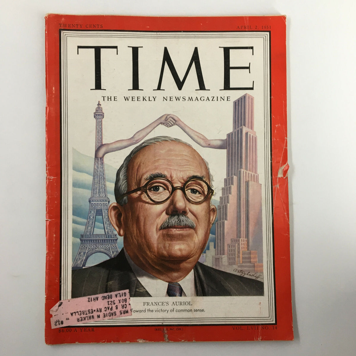 VTG Time Magazine April 2 1951, featuring the cover portrait of Vincent Auriol, former President of France, with iconic Paris landmarks in the background.