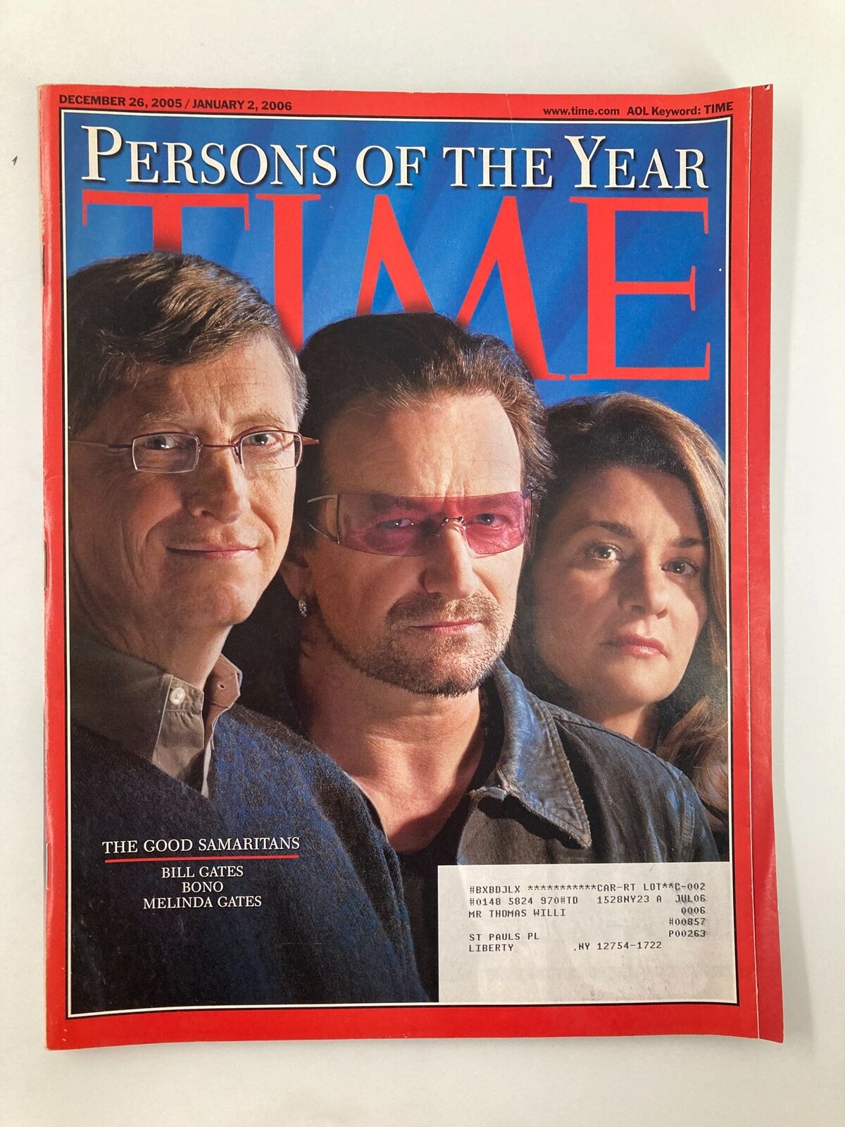 Time Magazine December 26, 2005 cover featuring Bill Gates, Bono, and Melinda Gates, highlighted as Good Samaritans, showcasing their philanthropic contributions to society.