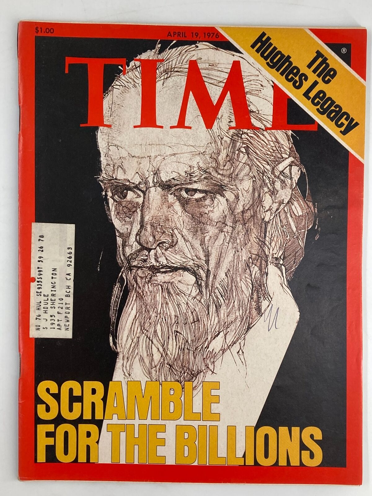 Cover of VTG Time Magazine April 19, 1976 featuring the article 'Scramble for The Billions' and 'The Hughes Legacy'. The magazine shows a detailed illustration of a man with a long beard, prominently displaying the date and title.