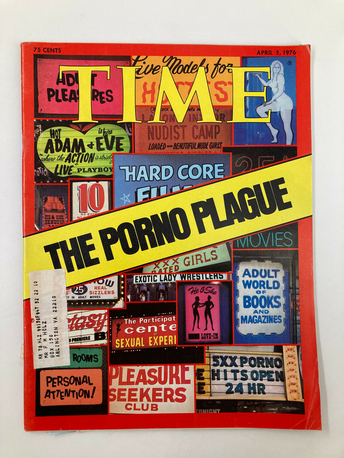 Vintage Time Magazine from April 5, 1976, featuring cover story 'The Porno Plague' and cultural advertisements, showcasing the societal themes of the 1970s.