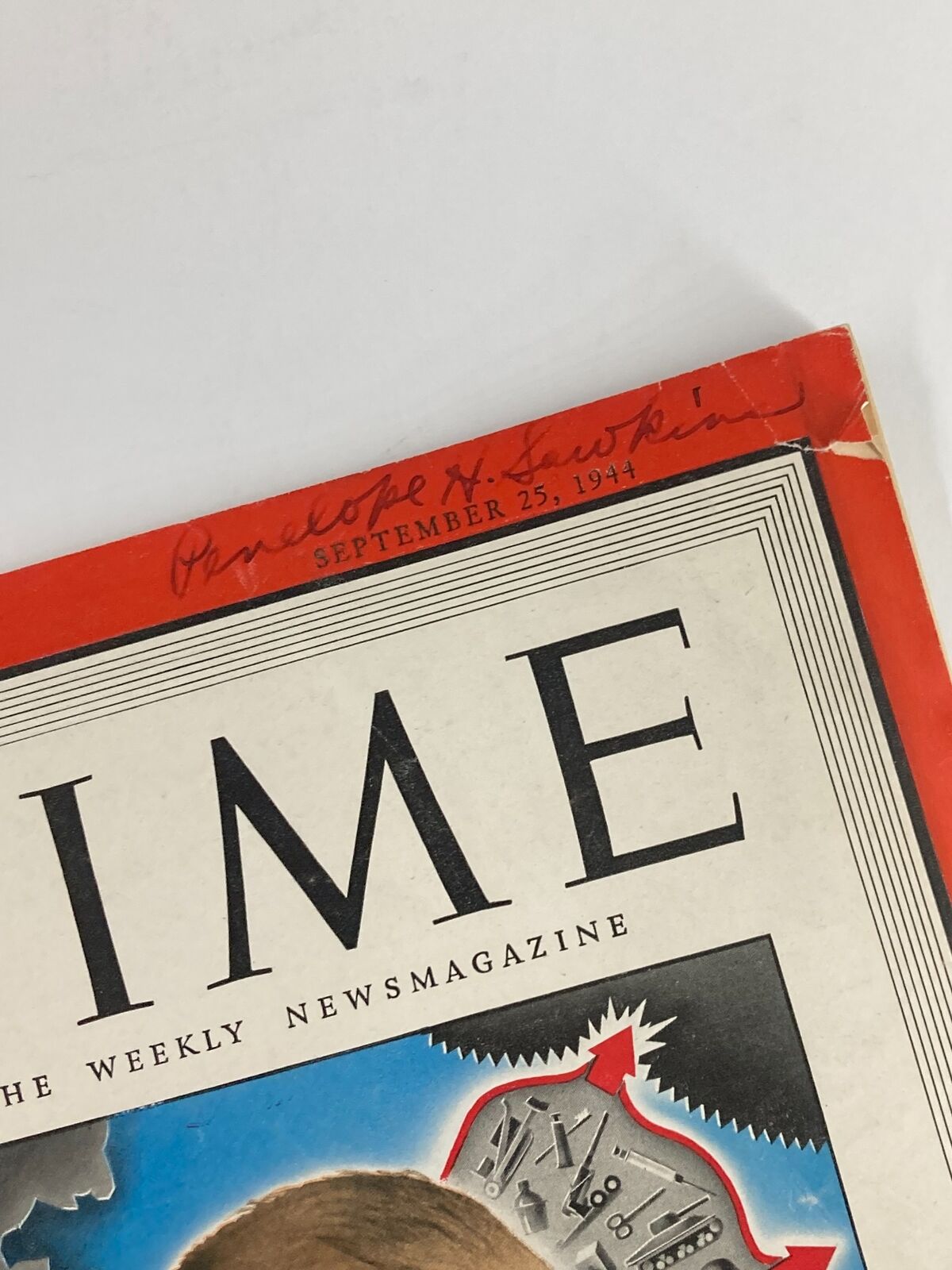 Close-up of the headline on the VTG Time Magazine September 25, 1944, indicating the date and the name Penelope H. Sawkin, highlighting vintage details.