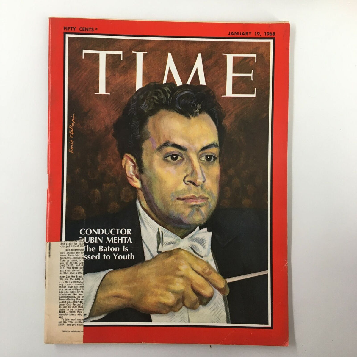 Cover of the VTG Time Magazine dated January 19, 1968 featuring conductor Zubin Mehta, showcasing his portrait in an artistic rendition with the headline about his youth and talent in classical music.
