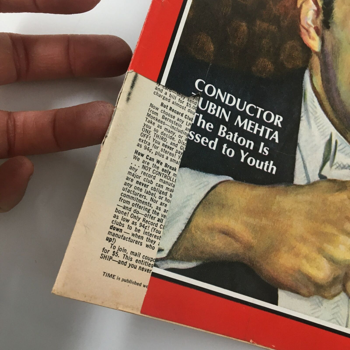 Close-up of the VTG Time Magazine dated January 19, 1968, highlighting conductor Zubin Mehta's name and the article title 'The Baton Is Passed to Youth', revealing details of the magazine's vintage nature.