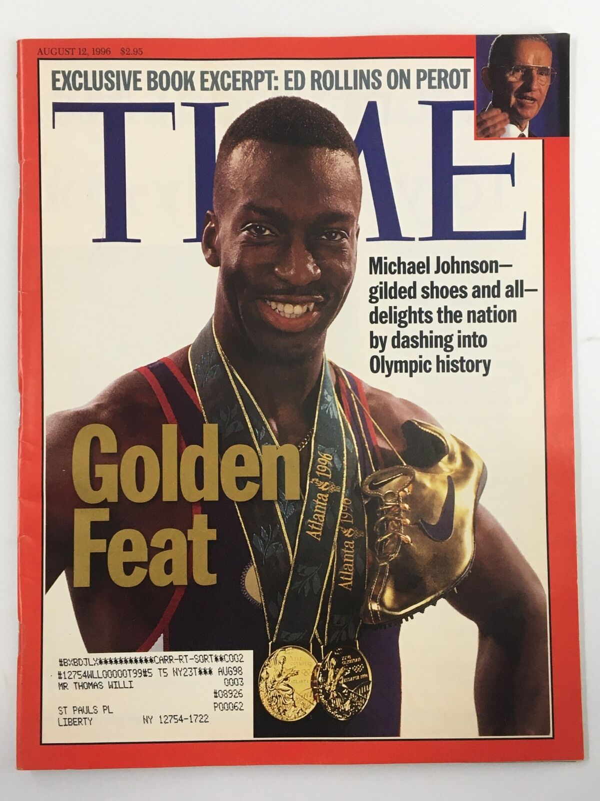 VTG Time Magazine August 12 1996 cover featuring Michael Johnson's Golden Feat, showcasing Olympic medals and a gold shoe, highlighting his athletic triumphs