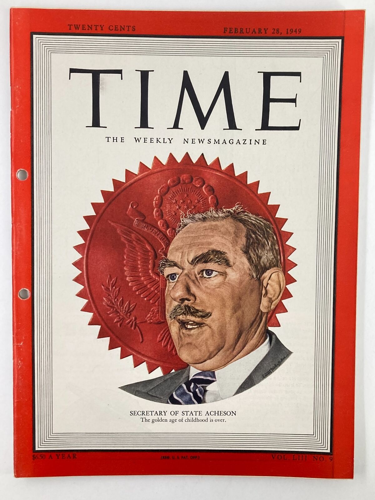 Cover of VTG Time Magazine February 28 1949 Vol 53 #9 featuring Secretary of State Acheson with a striking portrait and bold red design, highlighting his importance in post-war American politics.
