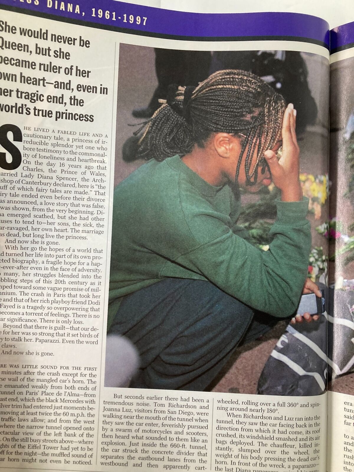 Photograph from Time Magazine September 8, 1997 showing a grieving individual reflecting on the loss of Diana, Princess of Wales amidst floral tributes.