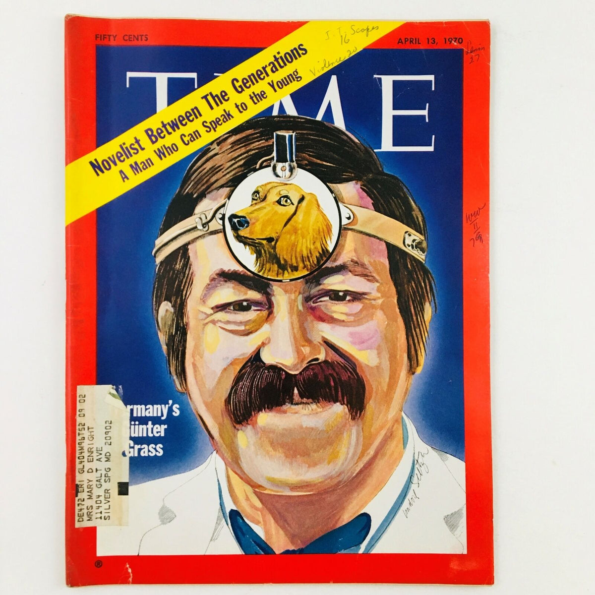 VTG Time Magazine April 13, 1970, featuring a portrait of German novelist Günter Grass, showcasing his distinct illustration style and highlighting the article 'Novelist Between The Generations'.