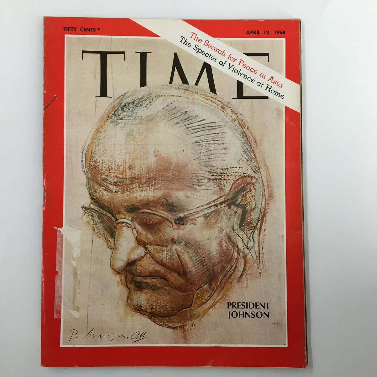 Cover of VTG Time Magazine April 12 1968 Vol. 91 No. 15 featuring a portrait of President Lyndon B. Johnson, showcasing the magazine's iconic red design and highlighting key issues of the era.