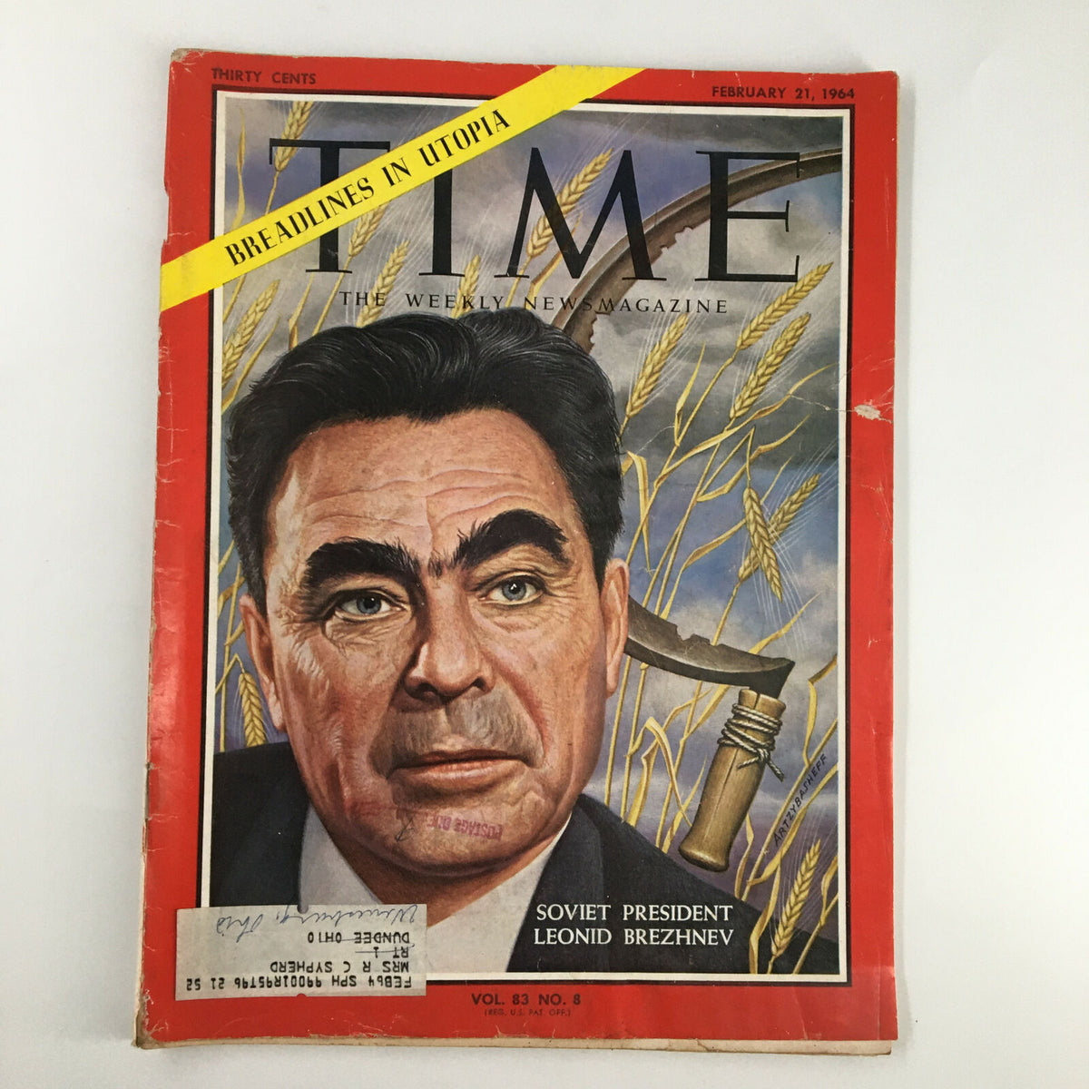 VTG Time Magazine February 21 1964 featuring Soviet President Leonid Brezhnev on the cover with a red background, capturing a significant moment in history.