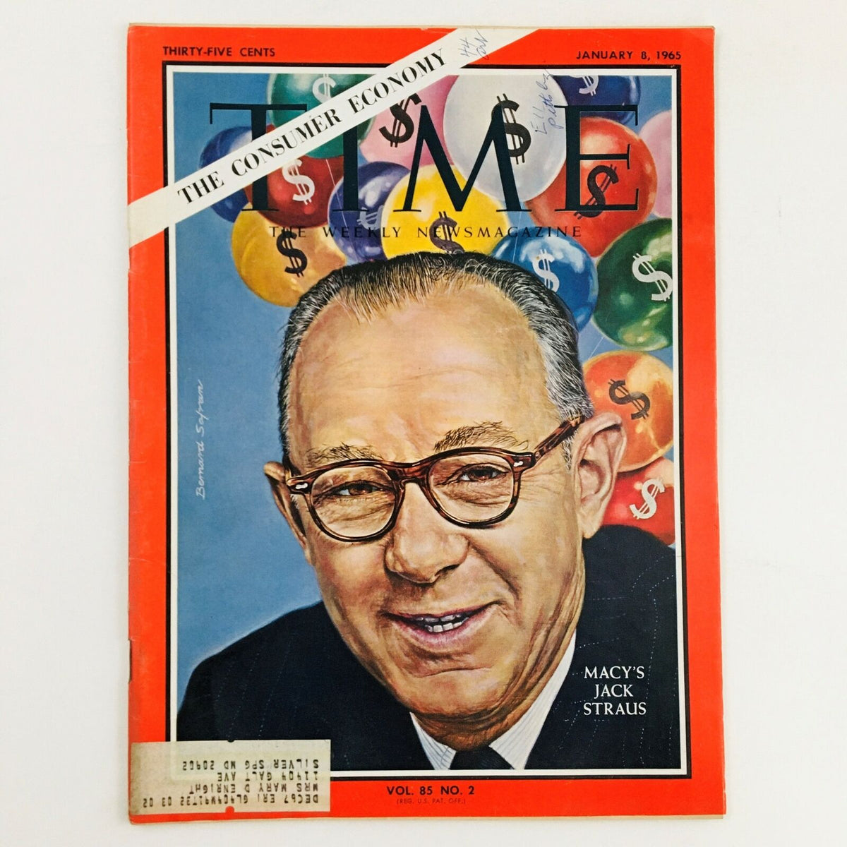 Cover of Time Magazine January 8, 1965, Vol. 85 No. 2 featuring Jack Straus from Macy's, illustrating the theme of the consumer economy with colorful balloons and dollar signs.