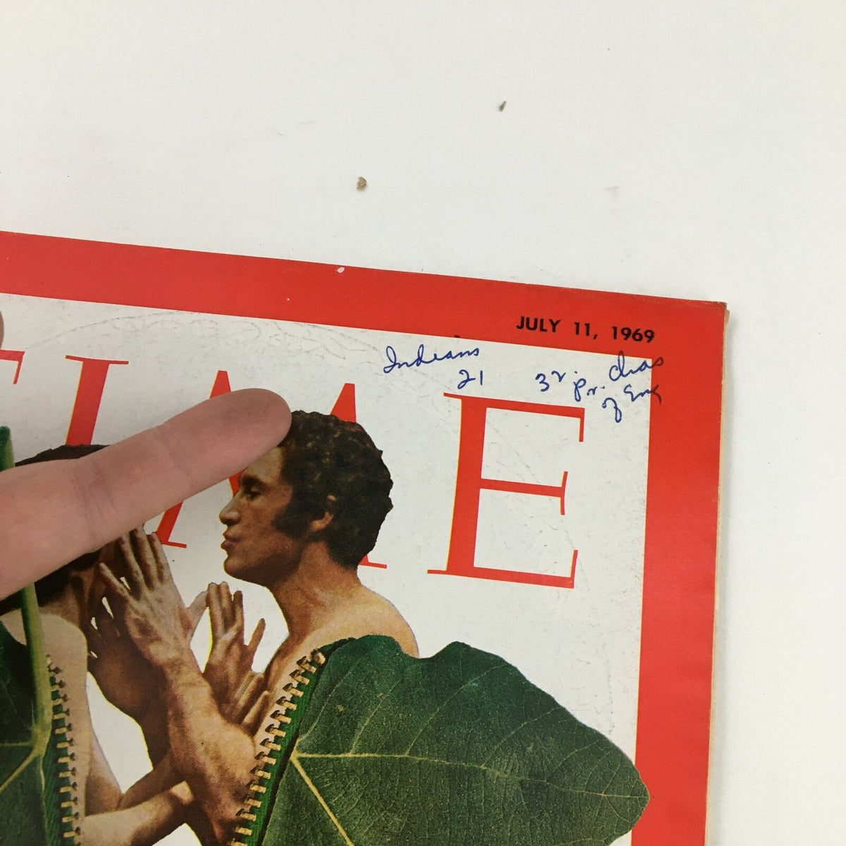 Close-up view of the Time Magazine July 11 1969 Vol. 94 No. 2 cover highlighting 'The Sex Explosion' with handwritten notes and a finger pointing at the featured image of a couple.