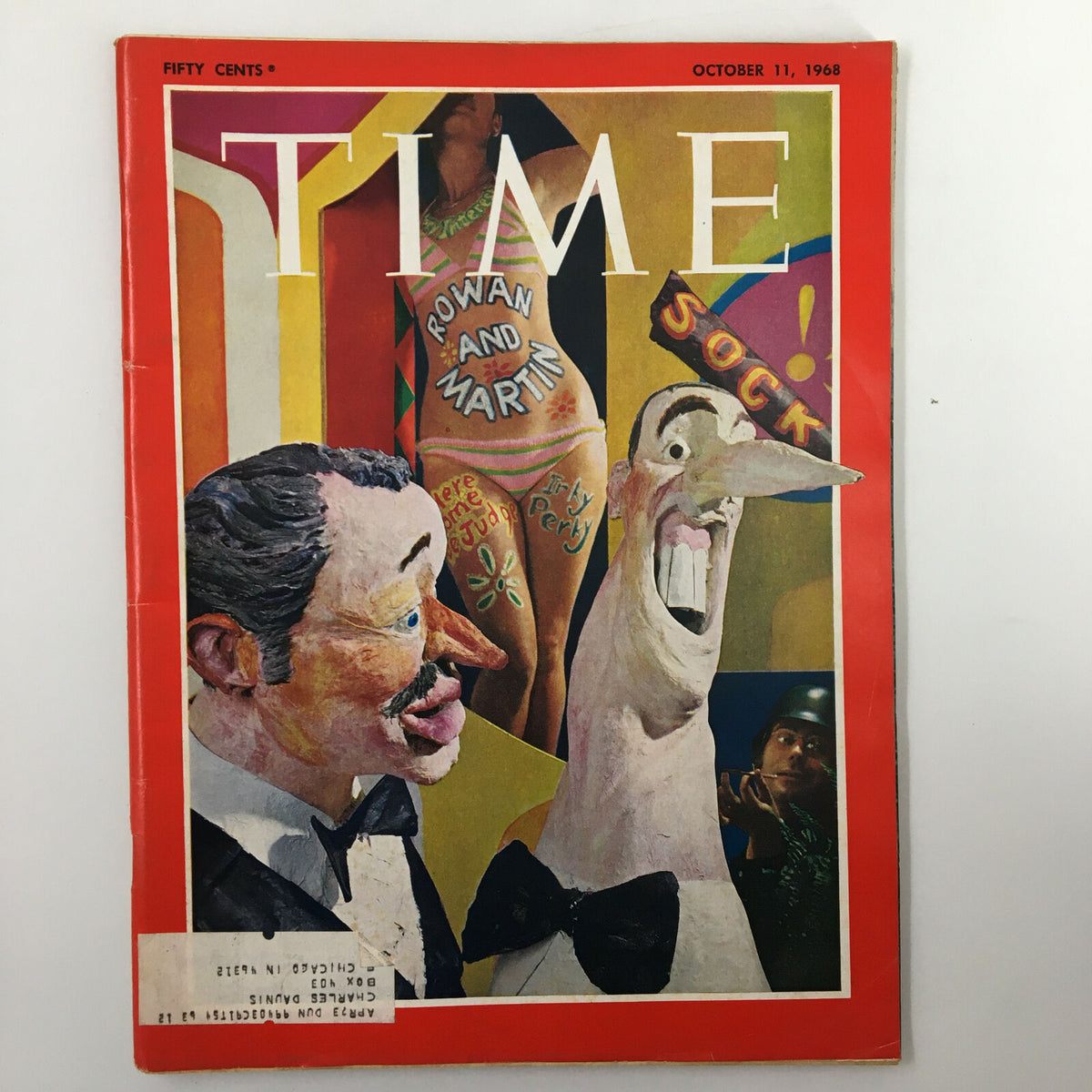 Vintage Time Magazine cover from October 11, 1968, featuring the iconic Rowan and Martin duo, showcasing colorful artwork and cultural references from the late 1960s.