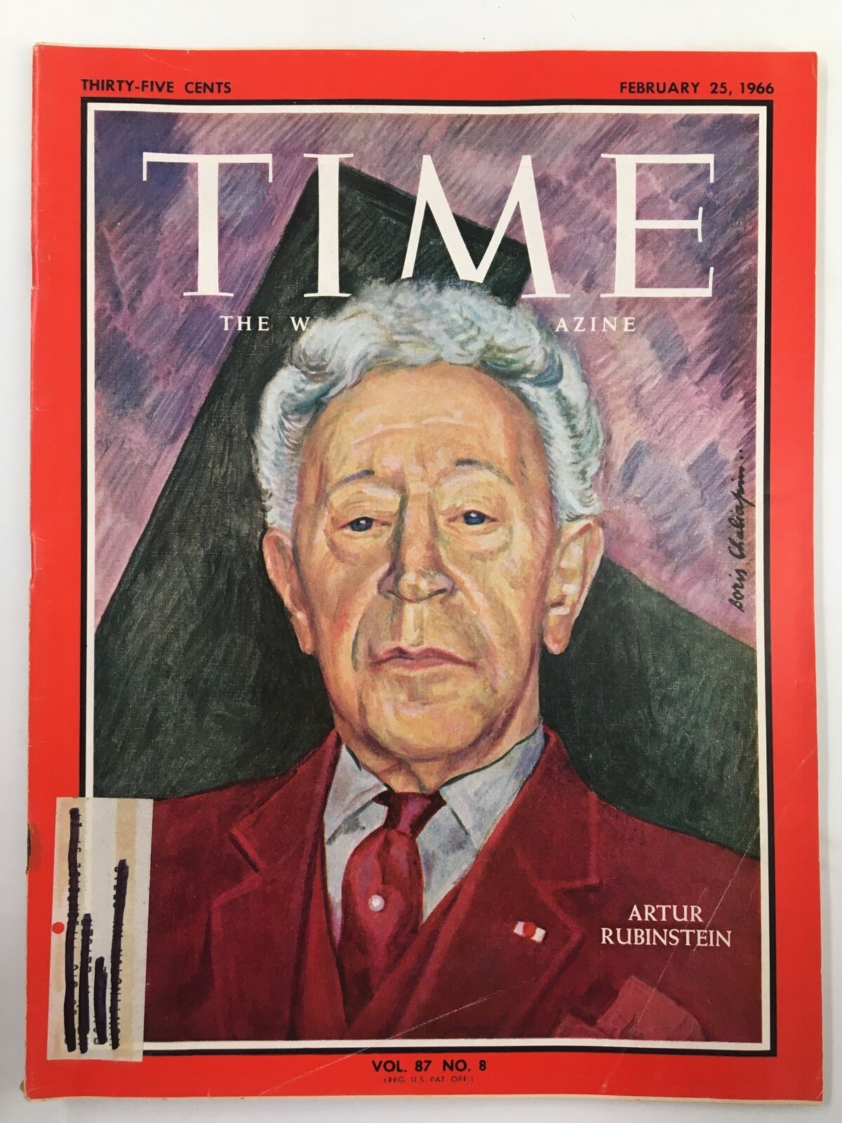 Cover of VTG Time Magazine dated February 25, 1966, Vol 87 #8 featuring a portrait of renowned pianist Arthur Rubinstein.