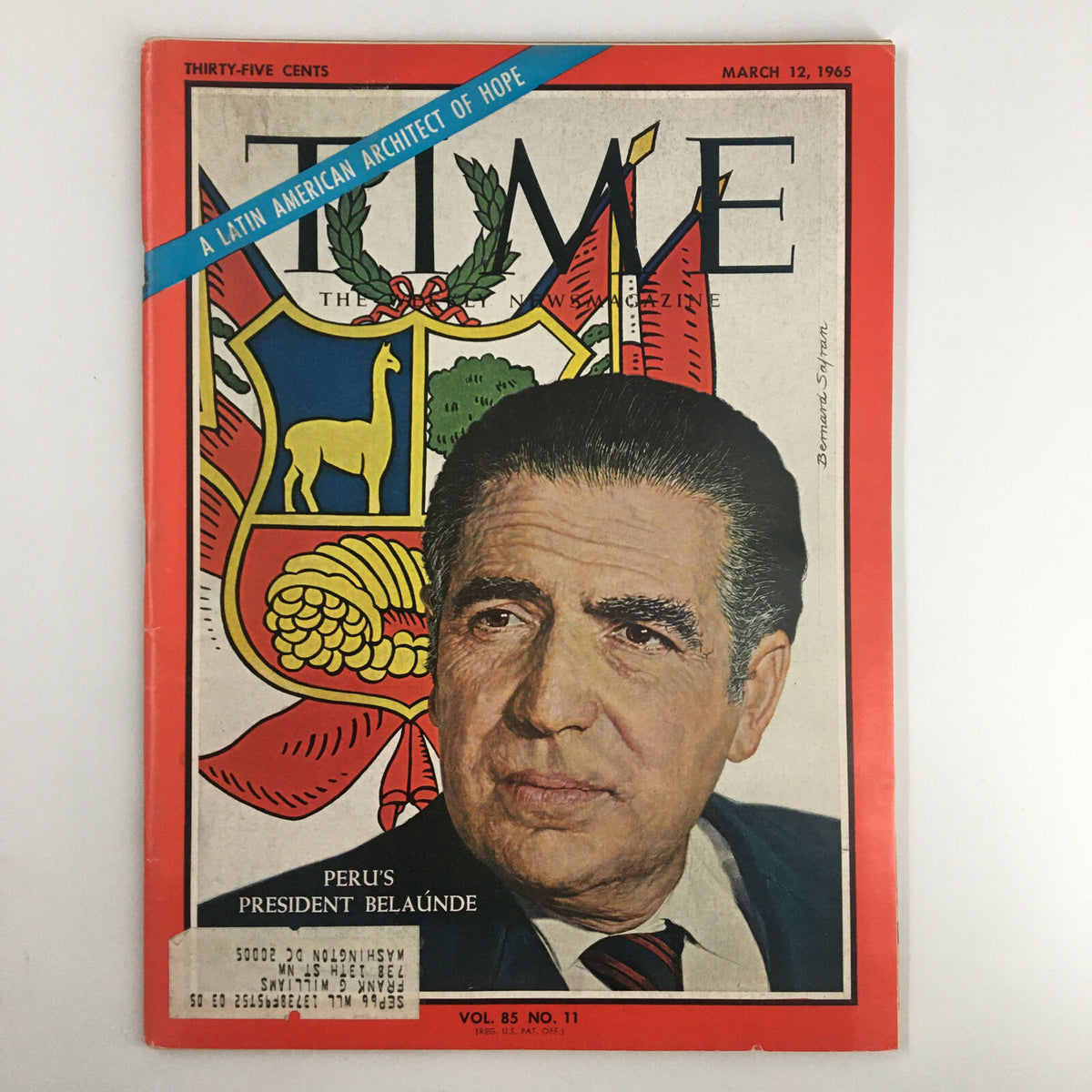 VTG Time Magazine March 12 1965 Cover featuring Peru's President Belaúnde, Volume 85, Issue 11, showcasing a vibrant design and historical context.