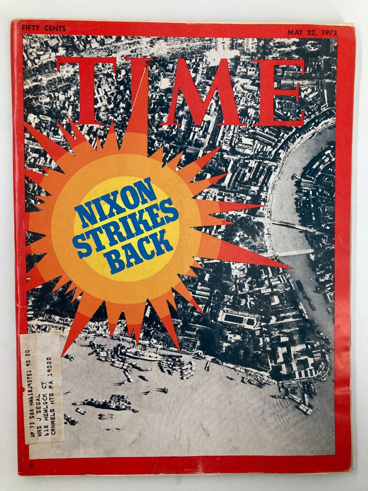 Vintage Time Magazine May 22 1972 featuring Richard Nixon Strikes Back cover, showcasing a striking graphic design with bold colors and a historical photo backdrop.
