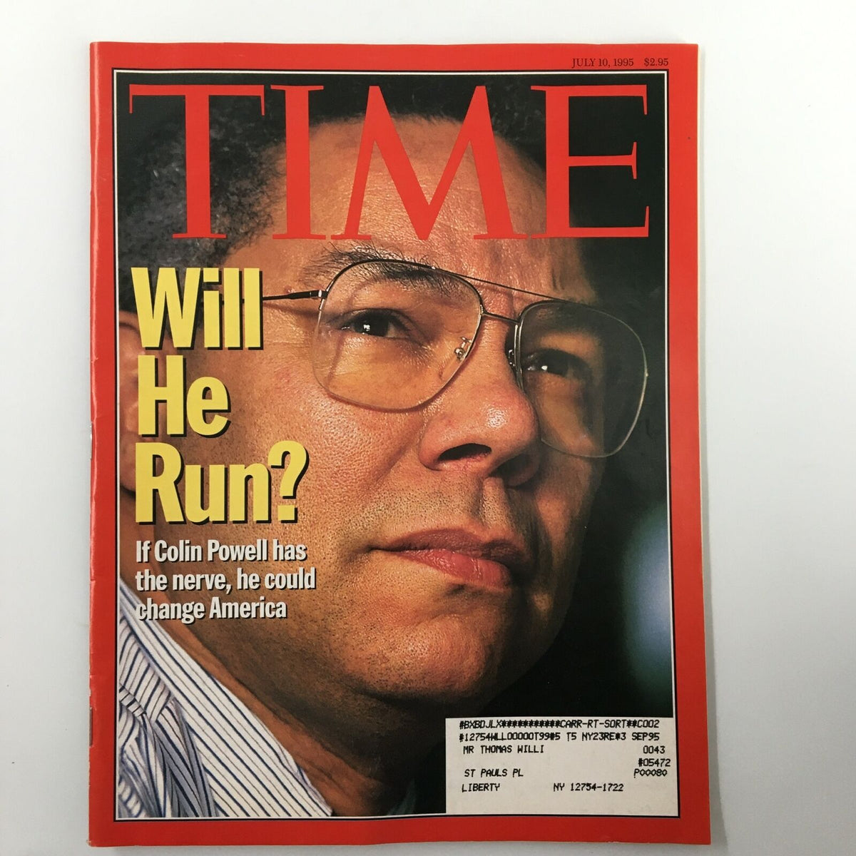 Time Magazine cover from July 10, 1995, featuring Colin Powell with the headline 'Will He Run?' The image captures a close-up of Powell's face, emphasizing his thoughtful expression and glasses, underscoring his potential influence on American politics.