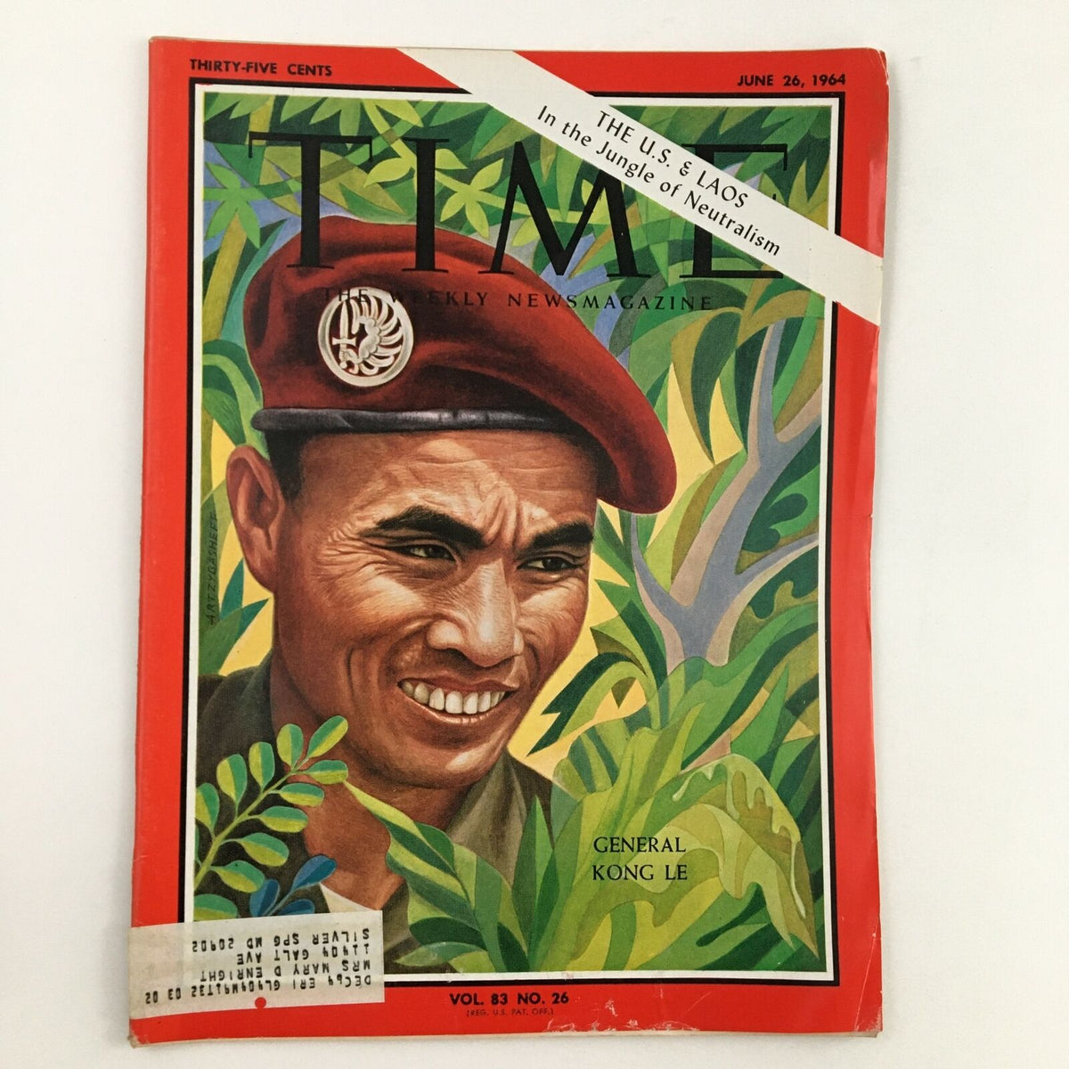 Time Magazine cover from June 26, 1964, Volume 83, Number 26 featuring General Kong Le in a jungle setting, highlighting the U.S. involvement in Laos.