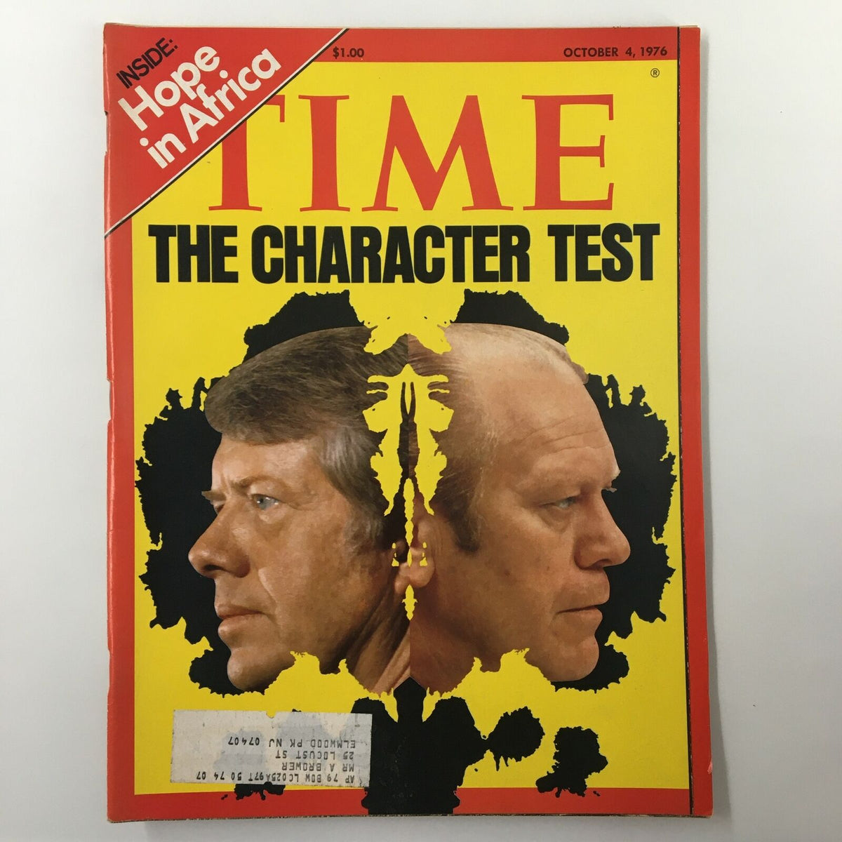 Vintage Time Magazine cover from October 4, 1976, featuring the title 'The Character Test' with portraits of presidential candidates Jimmy Carter and Gerald Ford. The magazine illustrates the pivotal presidential race, showcasing the contrasting styles and values of the candidates, making it a significant collectible for history enthusiasts.