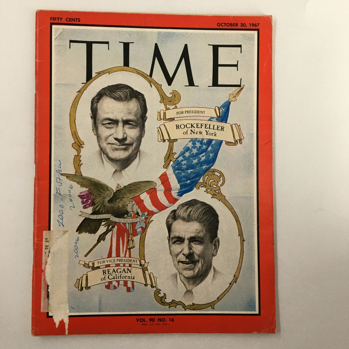 Cover of VTG Time Magazine October 20, 1967 featuring Nelson Rockefeller and Ronald Reagan, showcasing illustrations with an eagle and American flag. A collectible piece reflecting American political history.