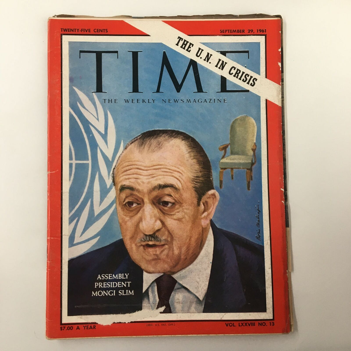 Cover of VTG Time Magazine September 29 1961, Volume 78, Number 13, featuring Assembly President Mongi Slim amidst a blue background and United Nations emblem.
