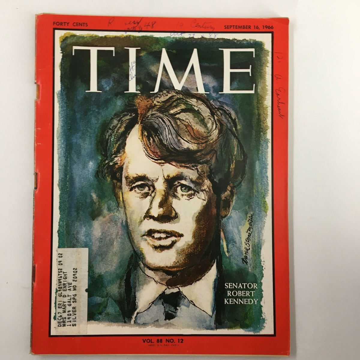 Vintage Time Magazine from September 16, 1966, featuring Senator Robert Kennedy on the cover. This issue is Volume 88, Number 12, showcasing an iconic illustration reflective of the political climate of the 1960s.