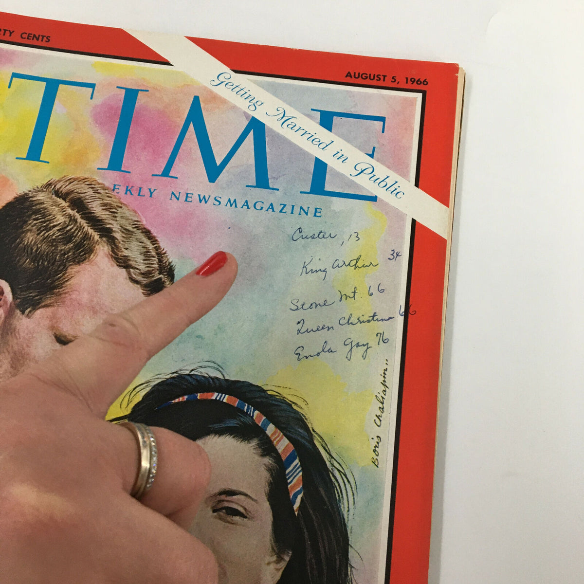 Close-up of the cover of 'VTG Time Magazine August 5 1966 Vol. 88 No. 6' featuring handwritten notes and a prominent title 'Getting Married in Public', showcasing vintage details and a glimpse into 1960s culture.