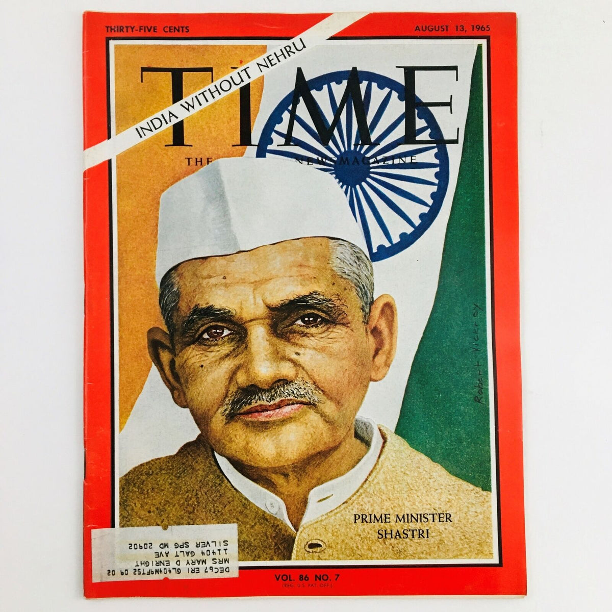Time Magazine August 13 1965 Vol. 86 No. 7 featuring India Prime Minister Shastri on the cover with the headline 'India Without Nehru'.