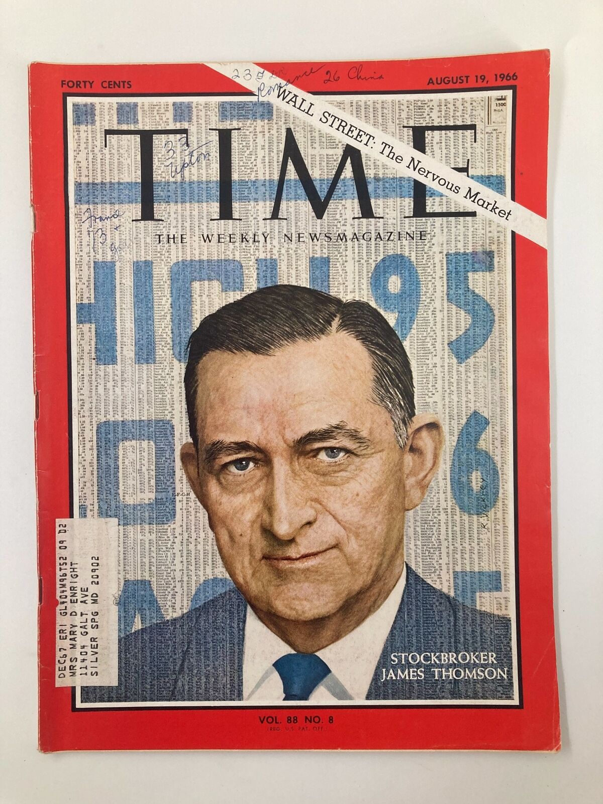 VTG Time Magazine from August 19, 1966, featuring stockbroker James Thomson on the cover, showcasing a detailed illustration of the stockbroker against a backdrop of financial market data and headlines, emphasizing the magazine's vintage charm and historical significance.