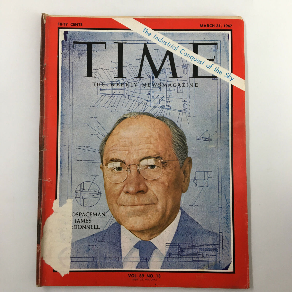 Cover of VTG Time Magazine March 31 1967 Vol. 89 No. 13 featuring The Aerospaceman James McDonnell with blueprints in the background.