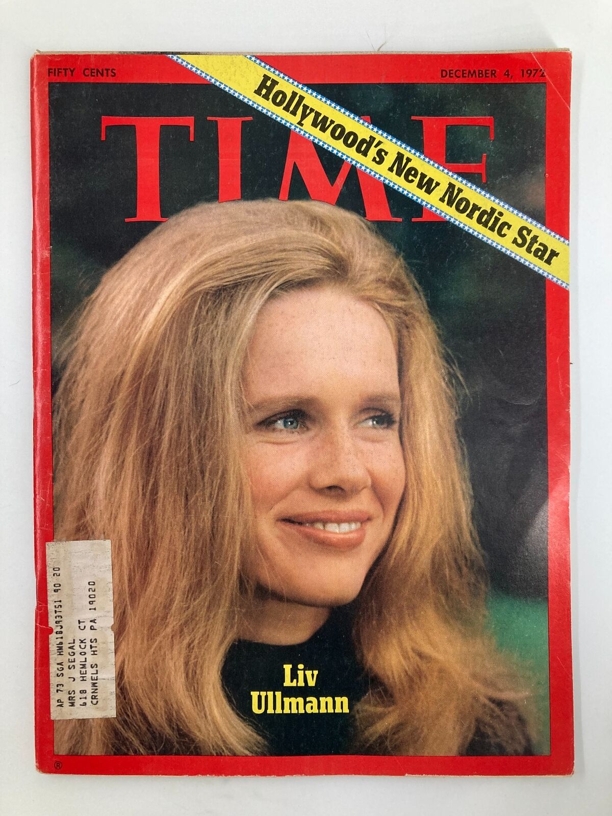 Cover of VTG Time Magazine from December 4, 1972 featuring Liv Ullmann, Hollywood's New Nordic Star, with a bright red background and yellow banner.