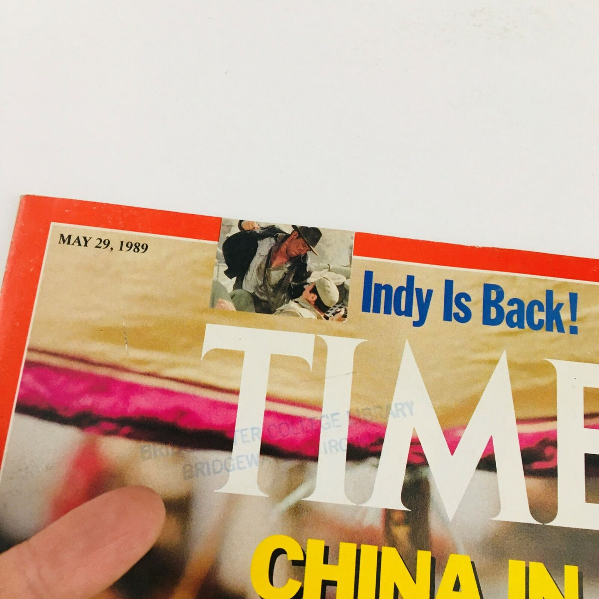 Close-up of the Time Magazine May 29 1989 cover showcasing the banner 'Indy Is Back!' along with the publication date and a small image related to Indiana Jones.