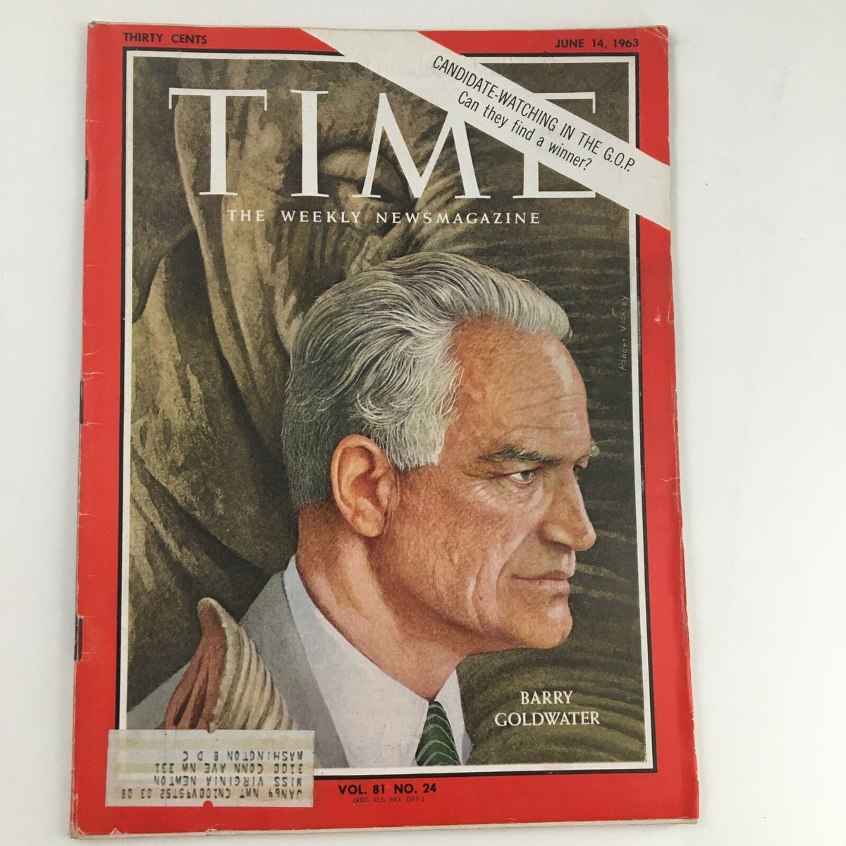 Time Magazine Cover from June 14, 1963, Volume 81, Number 24 featuring Barry Goldwater with the title 'Candidate-Watching: Can they find a winner?' This vintage magazine captures a moment in American political history during Goldwater's rise.