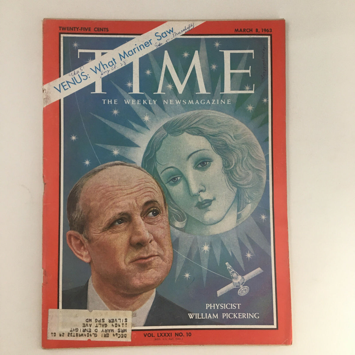Time Magazine March 8 1963 Vol. 81 No. 10 featuring physicist William Pickering on the cover with an illustration of a woman and a spacecraft.