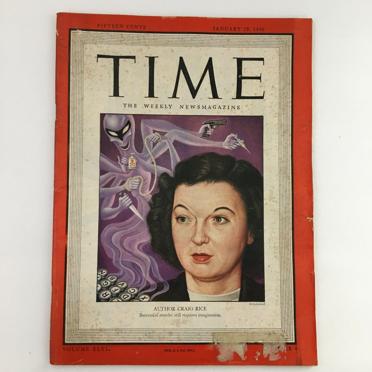 Cover of Time Magazine from January 28, 1946, Volume 47, Number 4, featuring author Craig Rice with art depicting mystery themes.