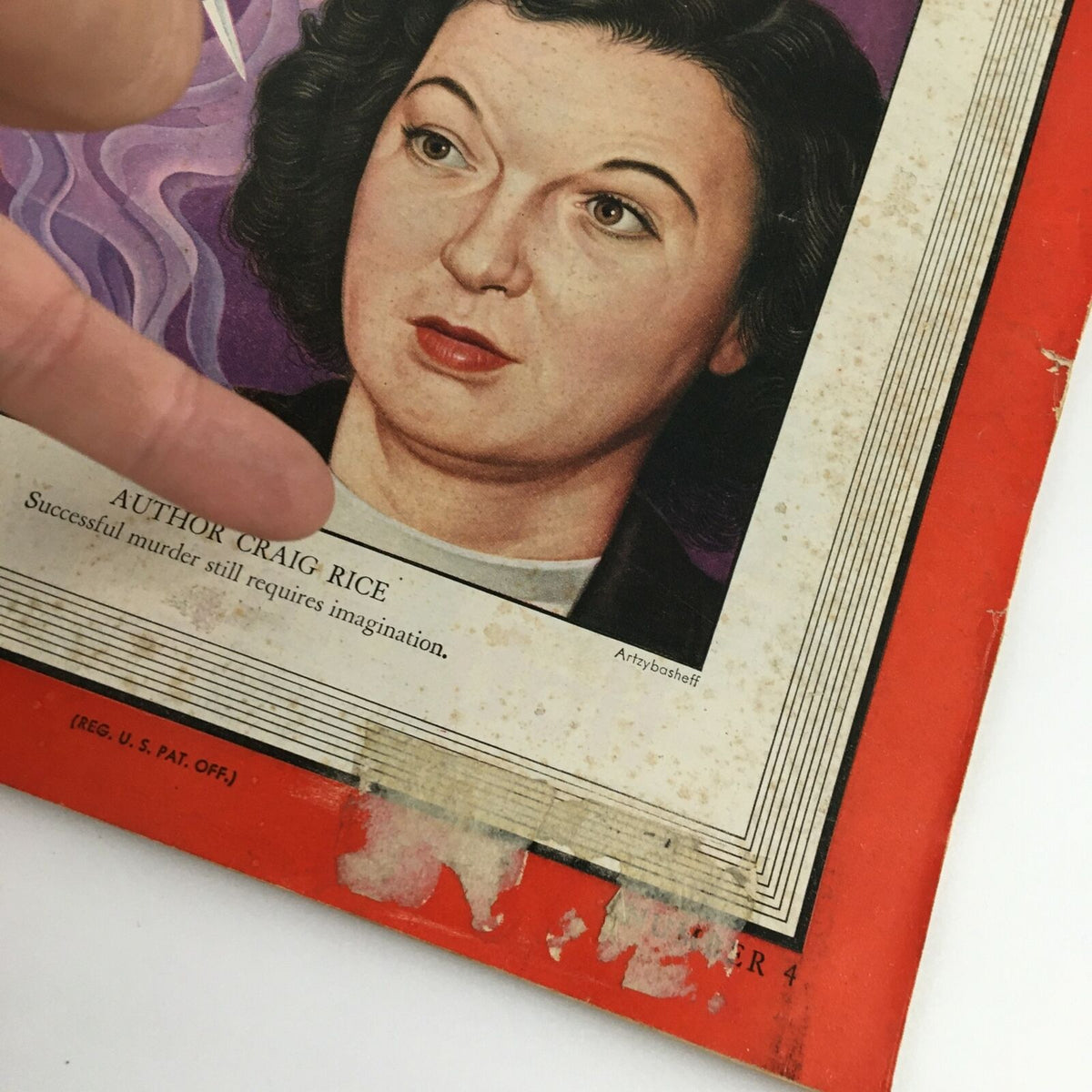 Close-up of Time Magazine cover from January 28, 1946, highlighting the portrait of author Craig Rice and thematic illustrations related to mystery.