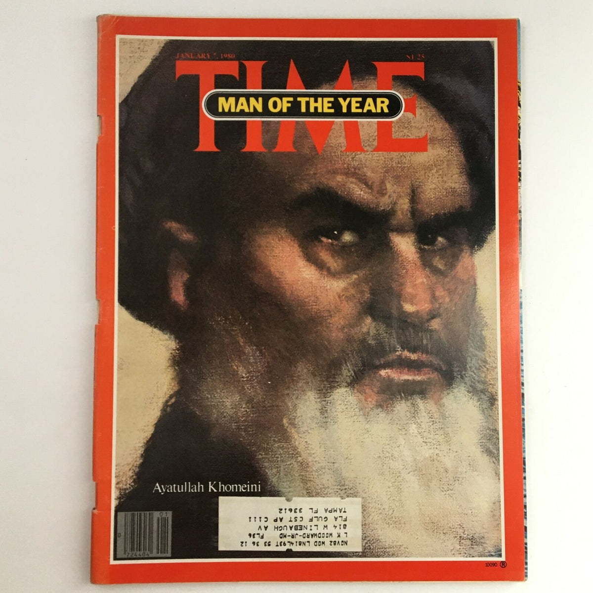 Time Magazine January 7 1980, Vol. 115 No. 1 cover featuring a portrait of Supreme Leader Ayatullah Khomeini, with an inscription stating 'Man of the Year' in bold text.