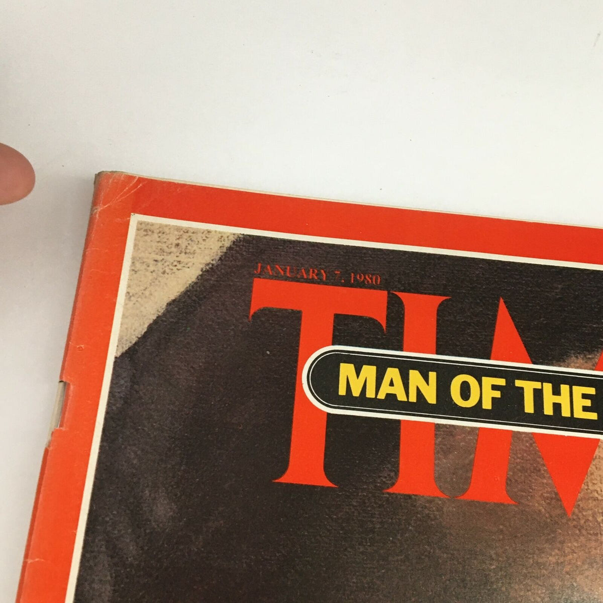 Close-up view of Time Magazine January 7 1980, Vol. 115 No. 1 showing the magazine's title and date along with 'Man of the Year' label, highlighting Ayatullah Khomeini.