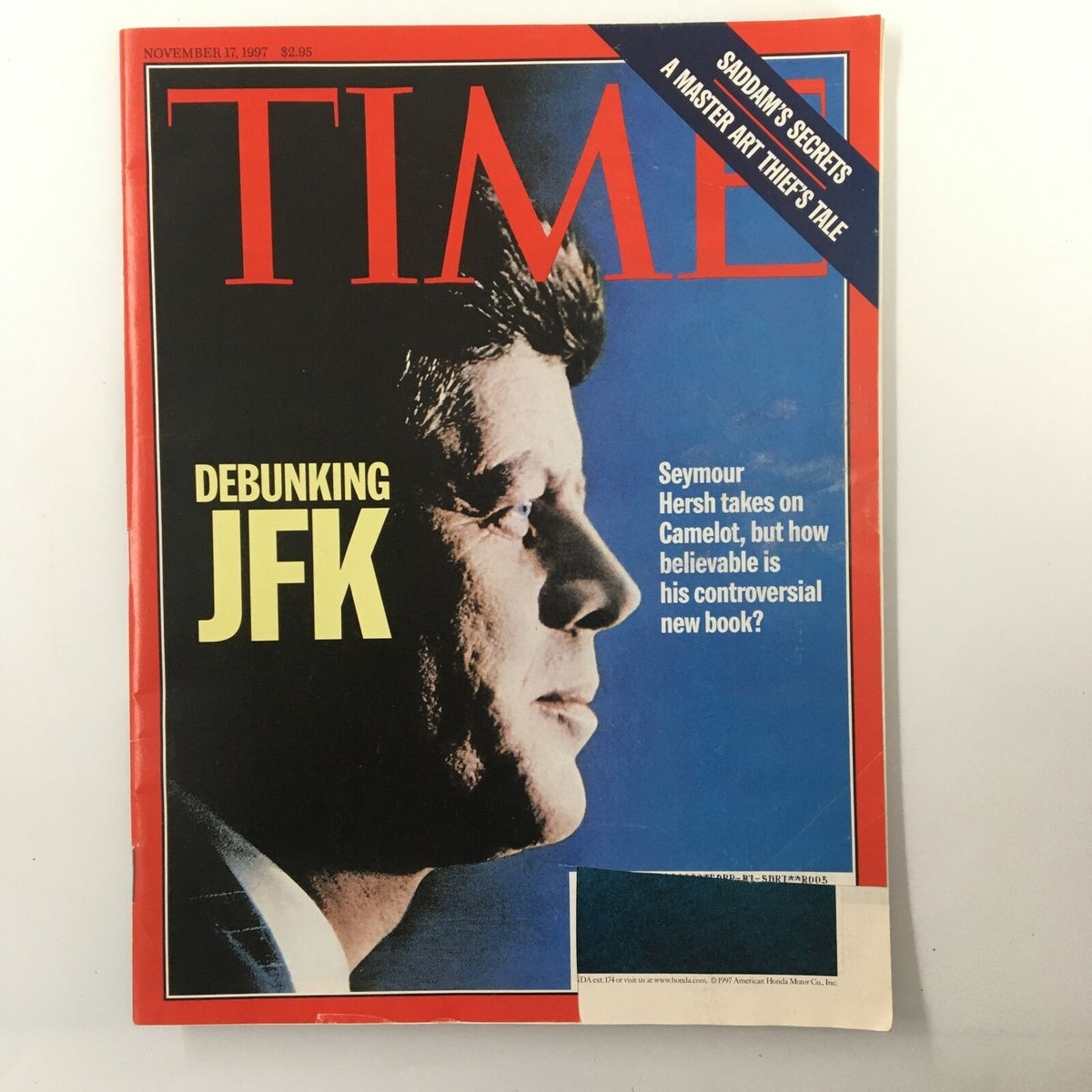 Cover of Time Magazine from November 17, 1997, featuring the title 'Debunking JFK'. The design includes the image of John F. Kennedy's profile and text discussing Seymour Hersh's insights into Camelot.