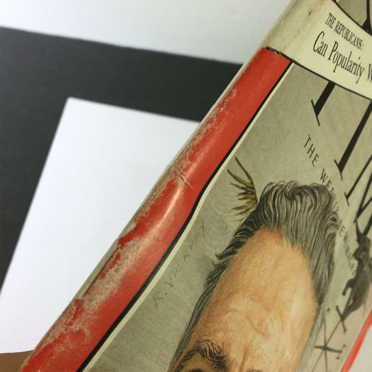 Side view of the vintage Time Magazine from May 15, 1964, featuring Henry Cabot Lodge and a cover that highlights the article 'The Republicans: Can Popularity Win?' showcasing minor wear and historical significance.